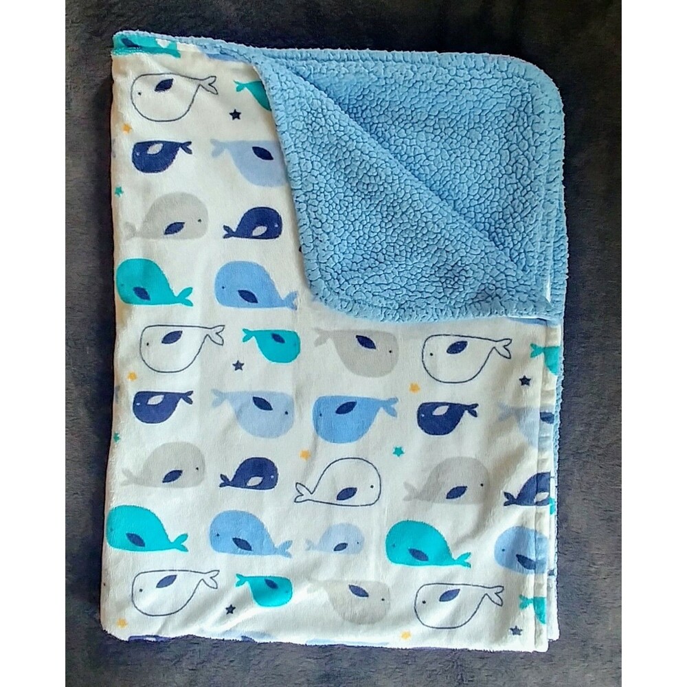 blanket Falls Creek baby white with whales  blue Sherpa lined
